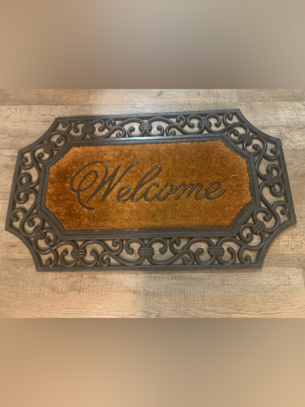 Welcome Coir Door Mat with Decorative Black Frame - Brown